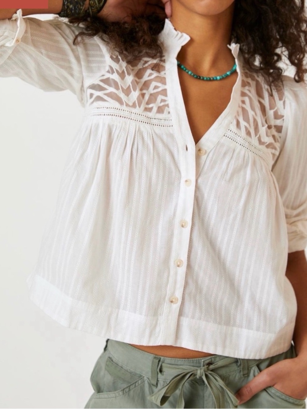 Pilcro White Lace Yoke Button-Down Top